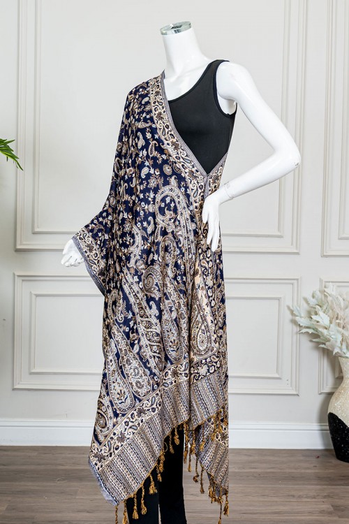 شال كشميري نسائي لون كحلي بنقوش ملونة