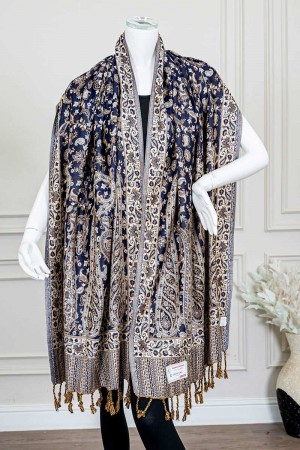 شال كشميري نسائي لون كحلي بنقوش ملونة