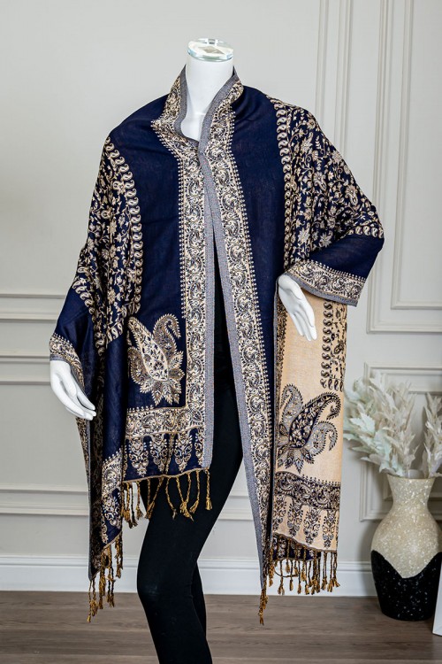 شال كشميري نسائي لون كحلي بنقوش باللون البيج