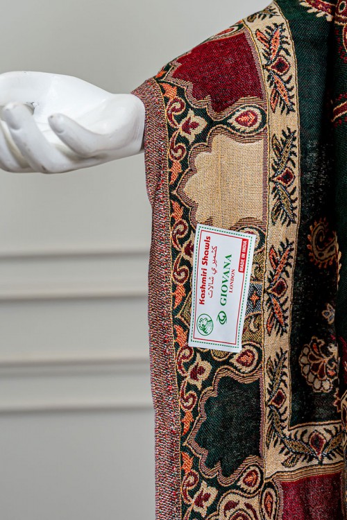 شال كشميري نسائي لون أخضر بنقوش ملونة