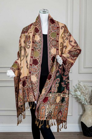 شال كشميري نسائي لون أخضر بنقوش ملونة