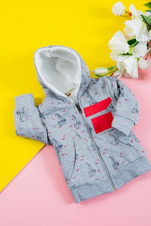 بلوفر أطفال شتوي مبطن لون رمادي مزين برسومات قبعة متصلة بسحاب و جيوب من الأمام و بأكمام طويلة