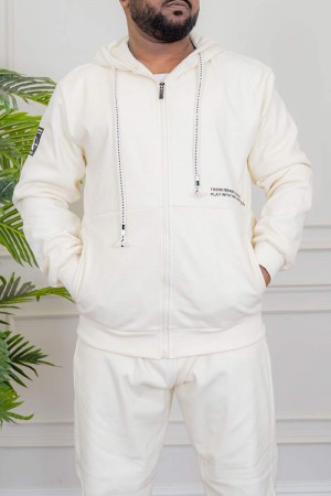 طقم رجالي شتوي قطعتين لون اوف وايت ببلوفر هودي قبعة متصلة برباط و بسحاب و جيوب أمامية مع بنطلون طويل بجيوب من الجانبين