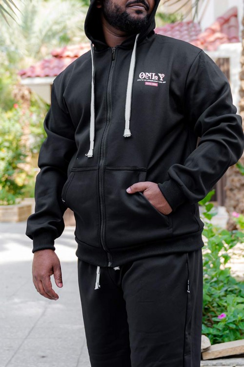طقم-رجالي-شتوي-قطعتين-لون-أسود-ببلوفر-هودي-قبعة-متصلة