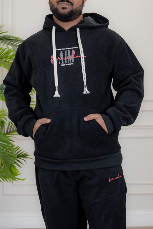 طقم-رجالي-شتوي-قطعتين-لون-أسود-ببلوفر-هودي-قبعة-متصلة