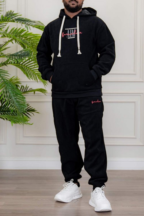 طقم-رجالي-شتوي-قطعتين-لون-أسود-ببلوفر-هودي-قبعة-متصلة