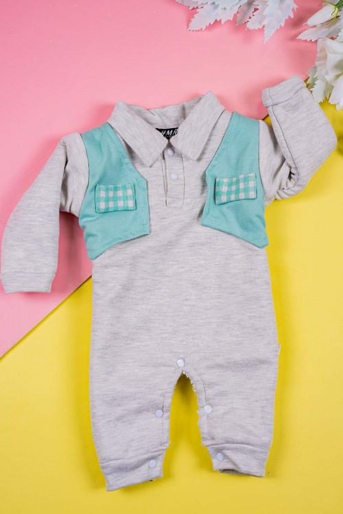 بربتوز أطفال لون رمادي و تفاحي ياقة مطوية بأزرار من الأمام و الأسفل و بأكمام طويلة