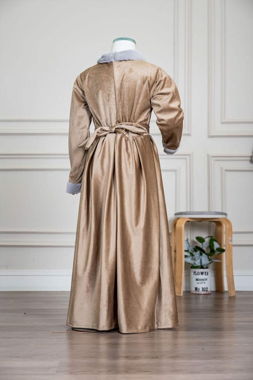 فستان-بناتي-طويل-متعدد-الألوان-مزين-بالفرو-في-الياقة-