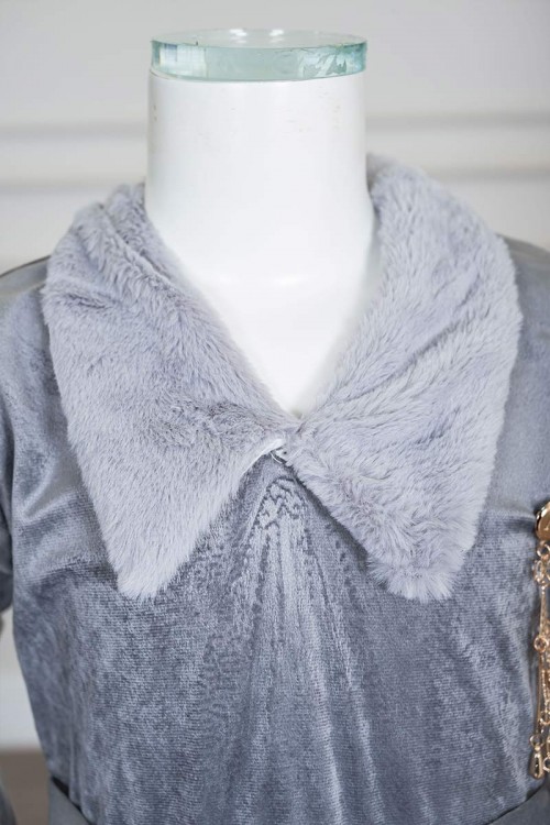 فستان-بناتي-طويل-متعدد-الألوان-مزين-بالفرو-في-الياقة-