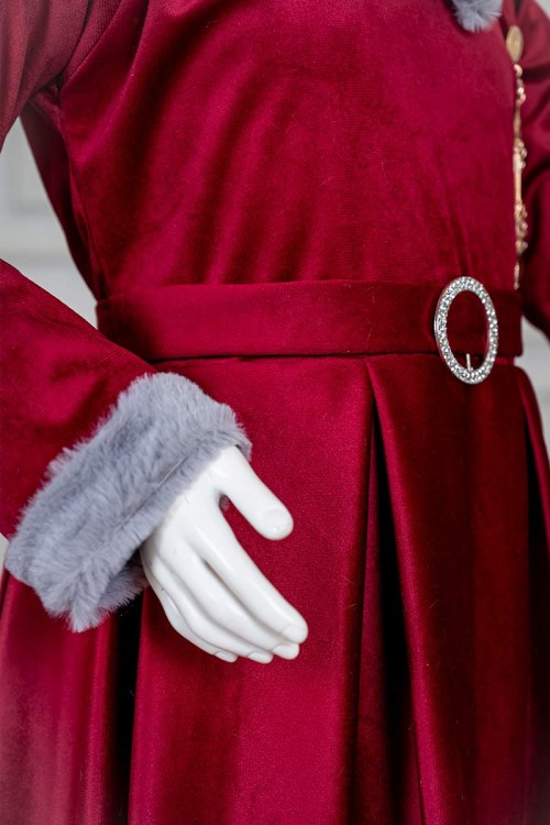 فستان-بناتي-طويل-متعدد-الألوان-مزين-بالفرو-في-الياقة-