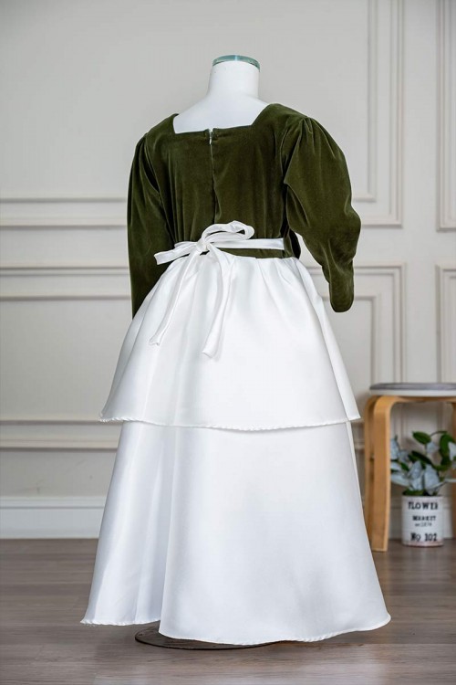 فستان-بناتي-طويل-لون-زيتي-و-أبيض-مزين-بأزرار-و-فيونكة-