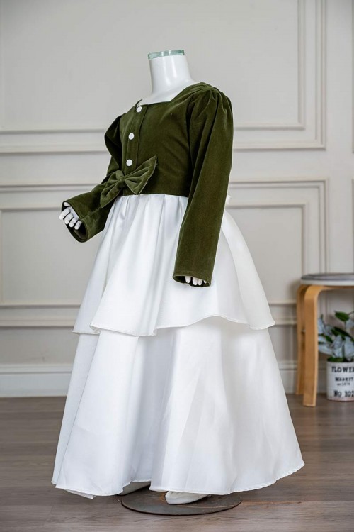 فستان-بناتي-طويل-لون-زيتي-و-أبيض-مزين-بأزرار-و-فيونكة-