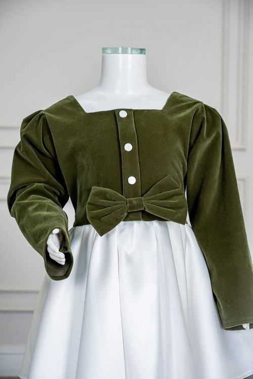 فستان-بناتي-طويل-لون-زيتي-و-أبيض-مزين-بأزرار-و-فيونكة-