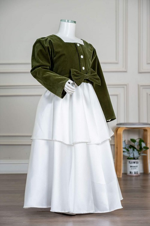 فستان-بناتي-طويل-لون-زيتي-و-أبيض-مزين-بأزرار-و-فيونكة-