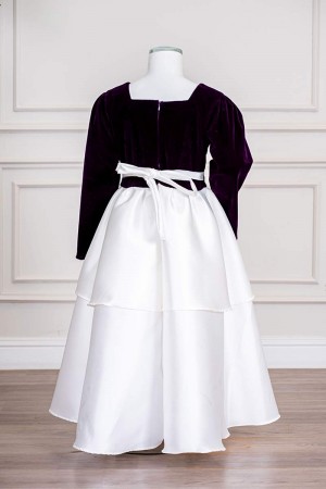 فستان بناتي طويل متعددة الألوان مزين بأزرار و فيونكة من الأمام ياقة مربعة و بأكمام طويلة و رباط في الخلف