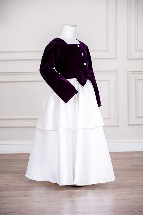 فستان بناتي طويل متعددة الألوان مزين بأزرار و فيونكة من الأمام ياقة مربعة و بأكمام طويلة و رباط في الخلف