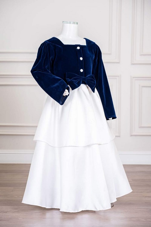 فستان بناتي طويل متعددة الألوان مزين بأزرار و فيونكة من الأمام ياقة مربعة و بأكمام طويلة و رباط في الخلف