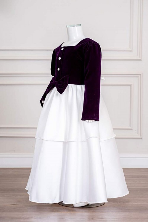 فستان بناتي طويل متعددة الألوان مزين بأزرار و فيونكة من الأمام ياقة مربعة و بأكمام طويلة و رباط في الخلف