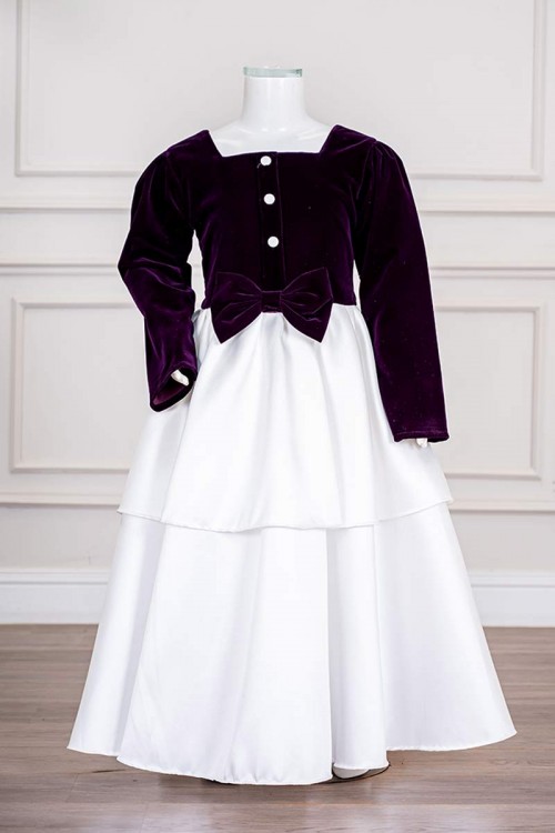 فستان بناتي طويل متعددة الألوان مزين بأزرار و فيونكة من الأمام ياقة مربعة و بأكمام طويلة و رباط في الخلف