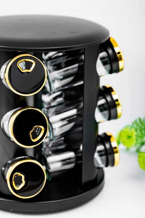 حامل توابل لون أسود و ذهبي من الفولاذ المقاوم للصدأ مع 12 عبوة زجاجية بغطاء محكم و بقاعدة دوران 360 درجة