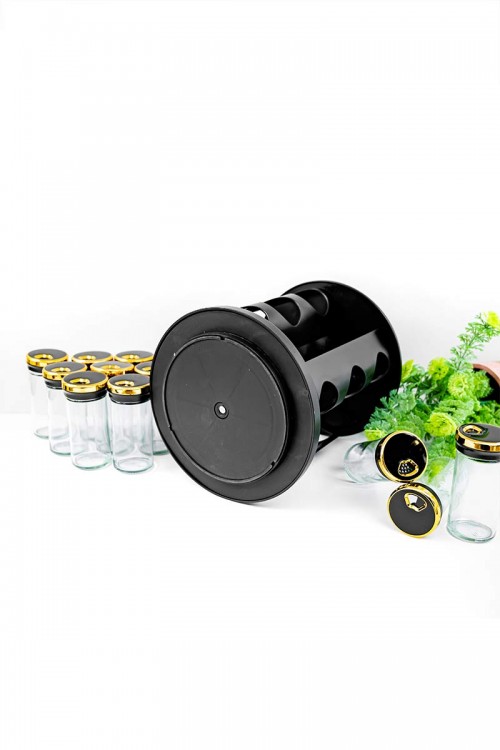 حامل توابل لون أسود و ذهبي من الفولاذ المقاوم للصدأ مع 12 عبوة زجاجية بغطاء محكم و بقاعدة دوران 360 درجة