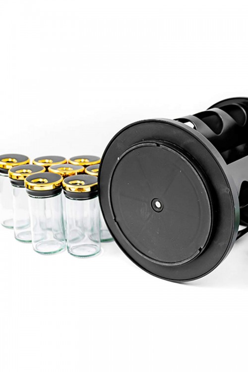 حامل توابل لون أسود و ذهبي من الفولاذ المقاوم للصدأ مع 12 عبوة زجاجية بغطاء محكم و بقاعدة دوران 360 درجة