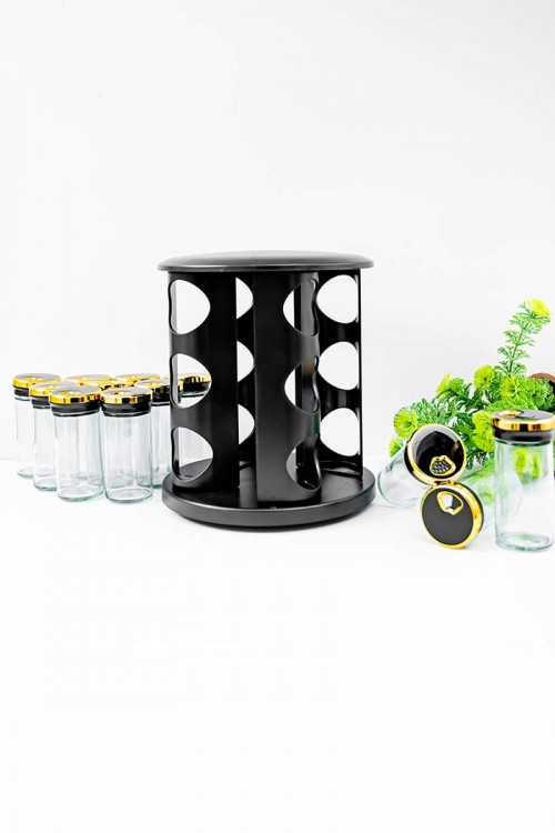 حامل توابل لون أسود و ذهبي من الفولاذ المقاوم للصدأ مع 12 عبوة زجاجية بغطاء محكم و بقاعدة دوران 360 درجة