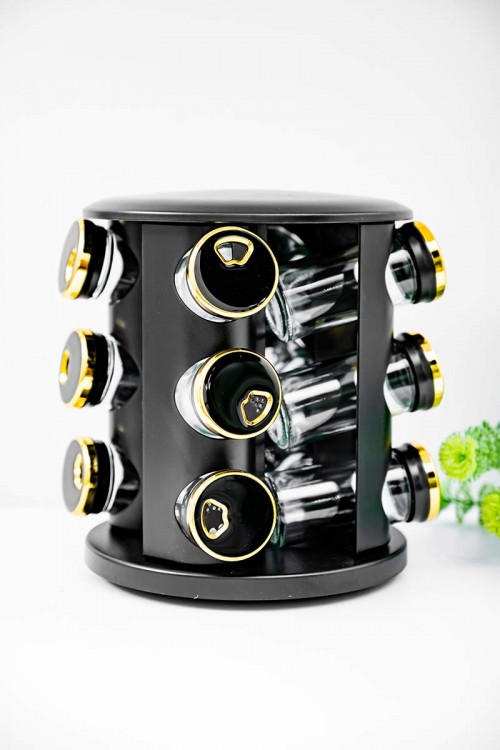 حامل توابل لون أسود و ذهبي من الفولاذ المقاوم للصدأ مع 12 عبوة زجاجية بغطاء محكم و بقاعدة دوران 360 درجة