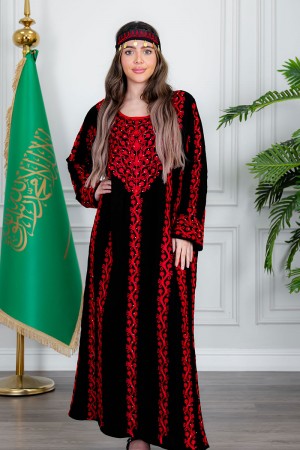 جلابية نسائي شمالي لون أسود بتطريز تراثي أحمر ياقة دائرية و أكمام طويلة