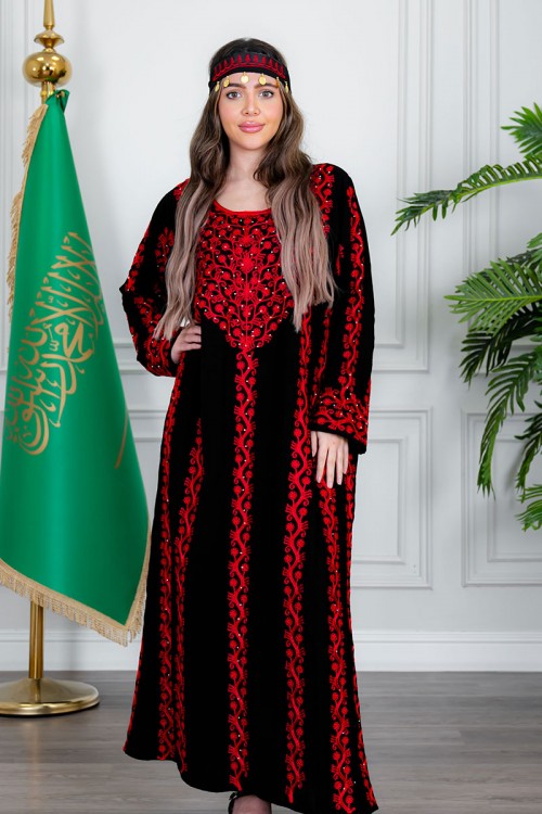 جلابية نسائي شمالي لون أسود بتطريز تراثي أحمر ياقة دائرية و أكمام طويلة