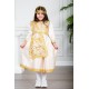 فستان تراثي بناتي لون بيج مزين بتطريز تراثي لون ذهبي ياقة قصة سبعة بأكمام طويلة و برباط في الخصر