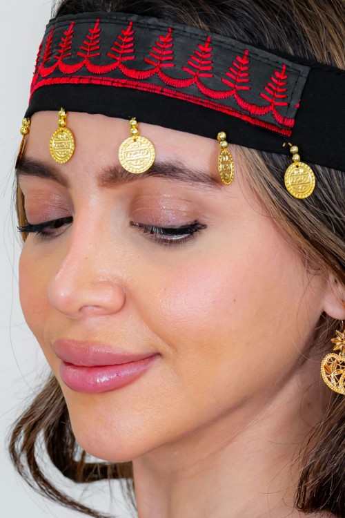 طوق شعر تراثي لون أسود مطرز باللون الأحمر و مزين بجنيهات ذهبية