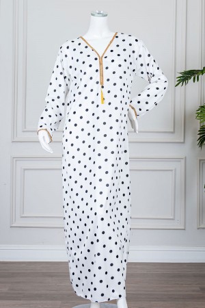 جلابية نسائية متعددة الألوان منقطة باللون الأسود مزينة بكلفة في الياقة و الأكمام