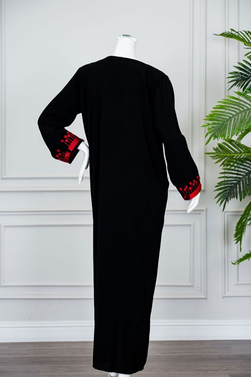 جلابية نسائي شمالي لون أسود بتطريز تراثي أحمر ياقة دائرية و أكمام طويلة