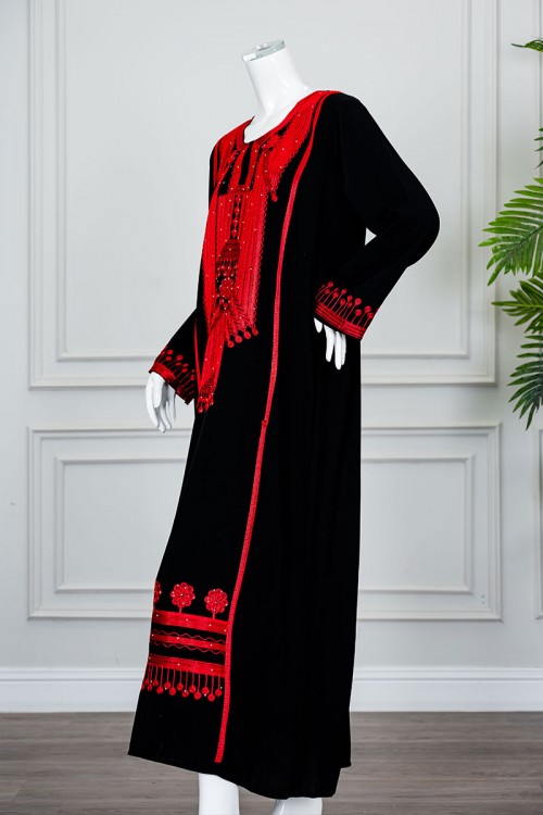 جلابية نسائي شمالي لون أسود بتطريز تراثي أحمر ياقة دائرية و أكمام طويلة