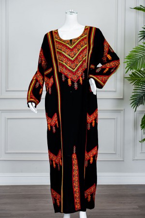 جلابية نسائي عسيري لون أسود بتطريز تراثي ملون ياقة دائرية و أكمام طويلة