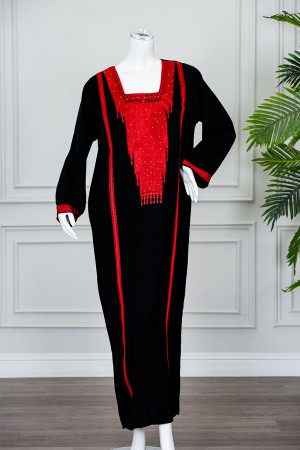 جلابية نسائي شمالي لون أسود بتطريز تراثي أحمر ياقة مربعة و أكمام طويلة