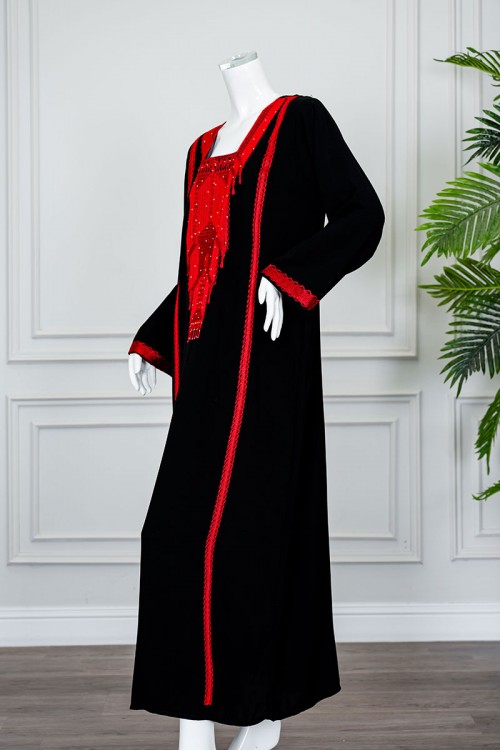 جلابية نسائي شمالي لون أسود بتطريز تراثي أحمر ياقة مربعة و أكمام طويلة