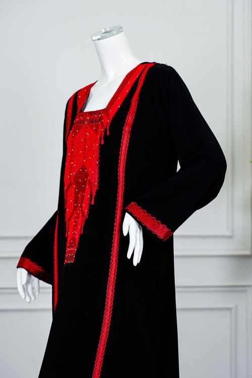 جلابية نسائي شمالي لون أسود بتطريز تراثي أحمر ياقة مربعة و أكمام طويلة