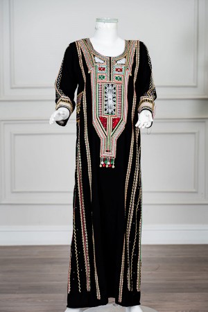 جلابية نسائي عسيري لون أسود بتطريز تراثي ملون ياقة دائرية و أكمام طويلة