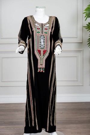 جلابية نسائي عسيري لون أسود بتطريز تراثي ملون ياقة دائرية و أكمام طويلة
