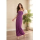 فستان نسائي طويل لون بنفسجي مزين بفصوص الكريستال اللامع من الأمام بأكتاف مكشوفة و أكمام منفوخة باللون الأبيض