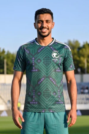 تيشيرت المنتخب السعودي رجالي لون أخضر داكن مع الشعار مزين بنمط هندسي و بزخارف ومنسوجات تراثية سعودية ياقة دائرية بلونين الأخضر و البنفسجي و بأكمام قصيرة 