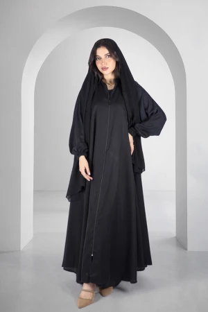 عباية سوداء كلوش أنيقة سحاب أمامي كامل ياقة عالية و أكمام مطاط ضيقة