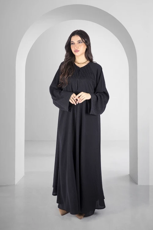 عباية سوداء كلوش أنيقة أزرار قفل امامية قماش مربعات باكمام واسعة