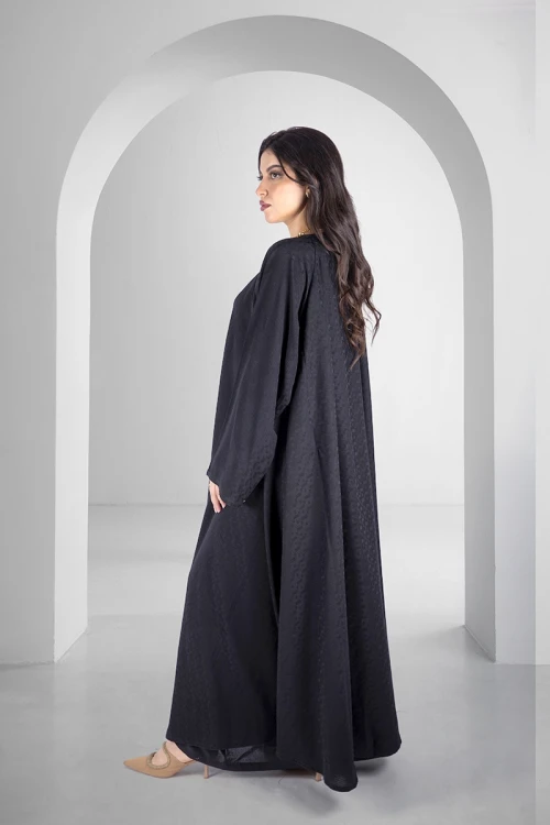 عباية سوداء كلوش أنيقة أزرار قفل امامية قماش مربعات باكمام واسعة