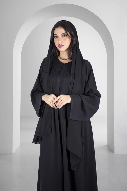 عباية سوداء كلوش أنيقة أزرار قفل امامية قماش مربعات باكمام واسعة