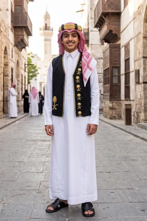 سديري ولادي أنيق مفتوح عليه شعار سيفين ونخلة باللون الذهبي 