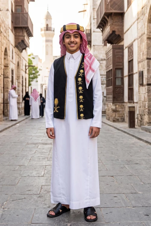 سديري ولادي أنيق مفتوح عليه شعار سيفين ونخلة باللون الذهبي