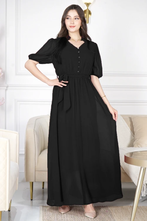 فستان نسائي أنيق طويل لون أحمر أكمام قصيرة و ياقة عالية شكل سبعة بأزرار أمامية ورباط على الخصر